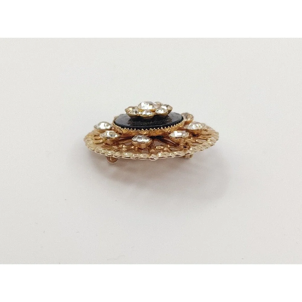 Vintage Flower‎ Brooch Pin Black Gold-Tone Rhinestone Victorian